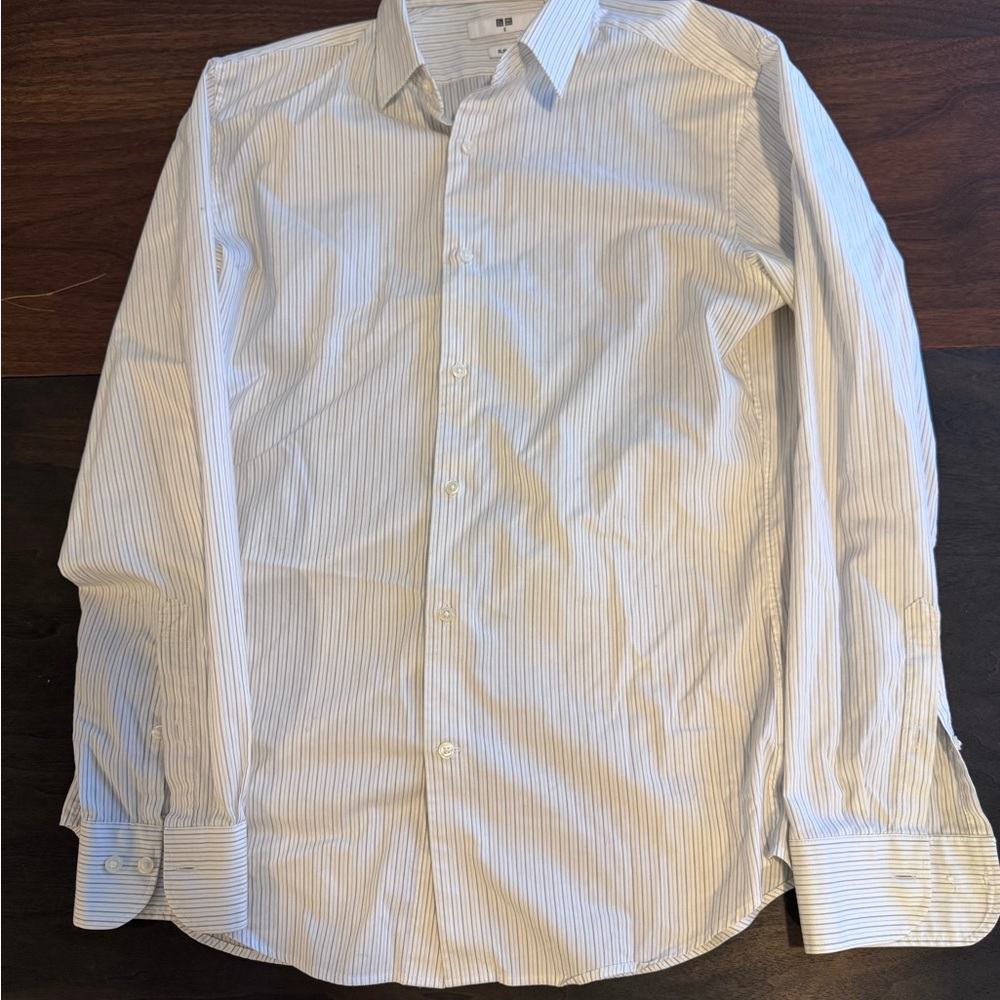 Uniqlo Men's Dress Shirt - White with Black Stripes